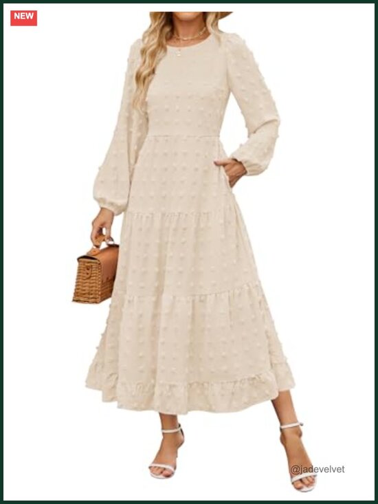 Dresses & Skirts - Women's Long Sleeve Swiss Dot Maxi Dress Wedding Guest A-Line Tiered Puff Sleeve
